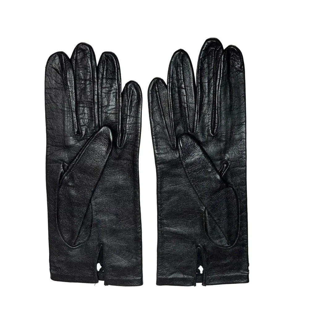 Vintage Womens Black Leather Gloves Decorative Open Detailing at Cuff